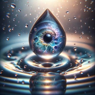 The primary subject of the image is a single eye with a blue iris, floating in a pool of water. The setting is a dark, watery environment, and the visual style appears to be a digital art or illustration. The dominant colors are blue and black, creating a moody and mysterious atmosphere.